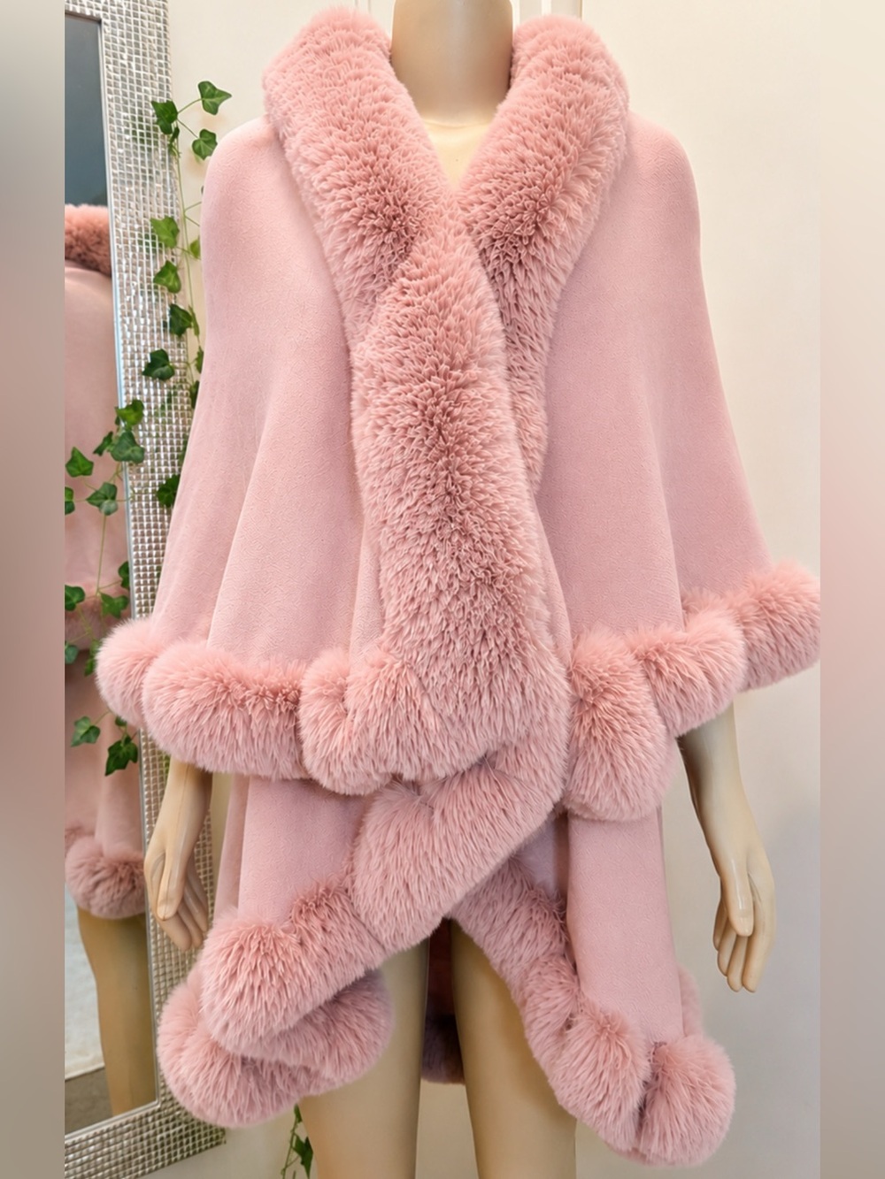 Blush Pink Faux Fur Trimmed Cape Poncho Romantic Winter Wrap
